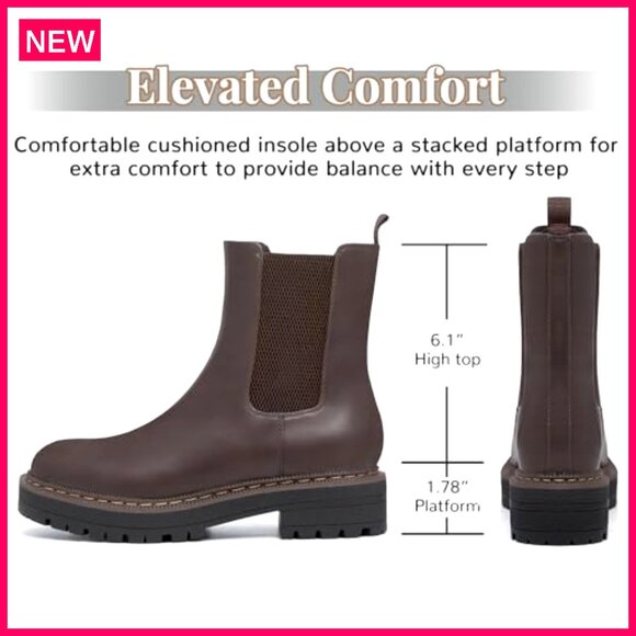 Leather Chelsea Ankle Boots Platform Slip On Chunky Heel Lug Sole - Picture 3 of 8